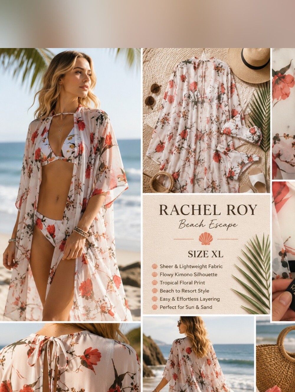 RACHEL Rachel Roy Sheer White Floral Kimono Cover-Up